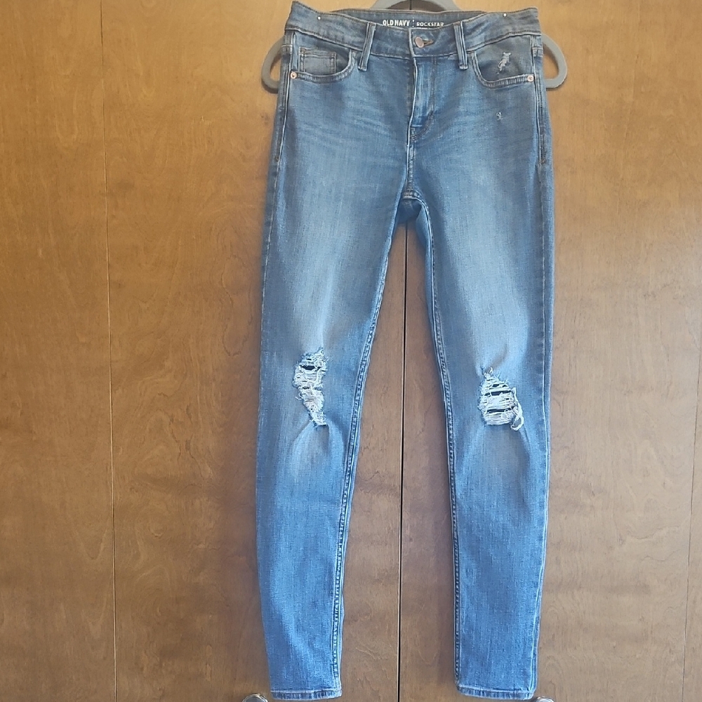 Old Navy Women's Rockstar Light Blue Ripped Skinny Jeans Size 4 Tall